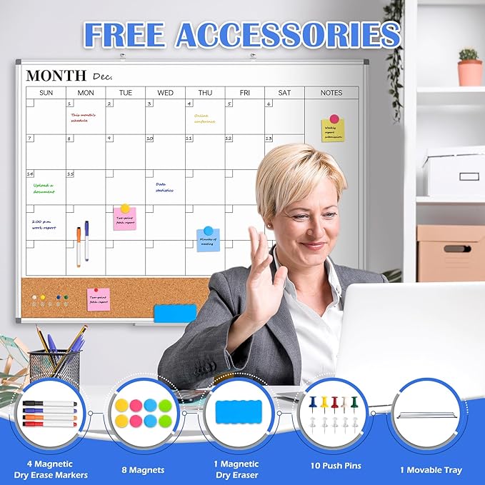 Large Monthly Dry Erase Calendar Whiteboard for Wall, 48" x 36" Double-Sided Big Calendar White Board Cork Board Combo, Aluminum Framed Month Planning Bulletin Board for Office, School, Home