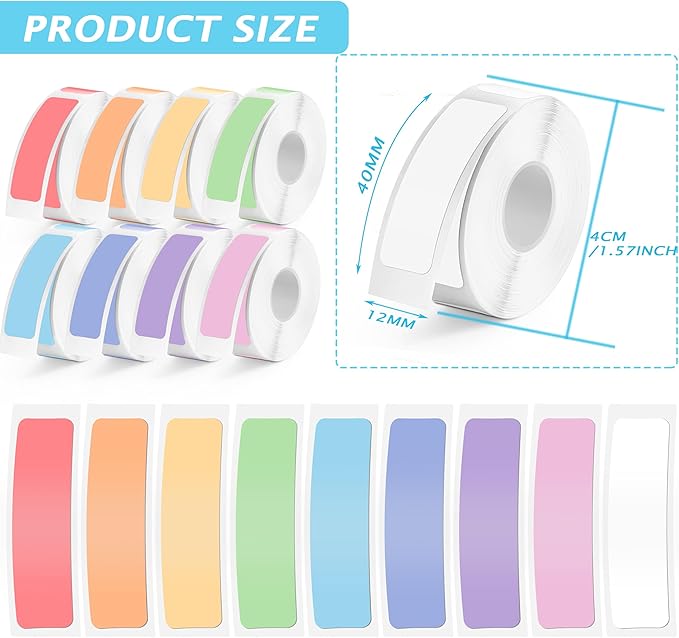 MIARALA D30 Label Tape 12mm×40mm(0.47"x1.57"), D30 Label Maker Tape Self-Adhesive Label Tape for D30 Printer, (Colored Set(12 Rolls))