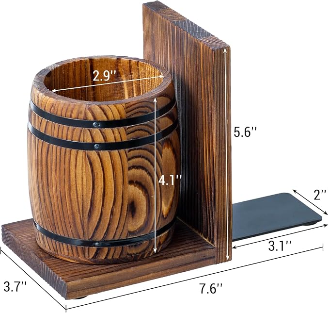 MyGift Wood Decorative Bookends with Pencil Holder, Office Desk Books Ends and Pen Holders as Vintage Wooden Barrels, Heavy Duty Bookends for Shelves, Rustic Burnt Brown Wine Barrel Design,1 Pair
