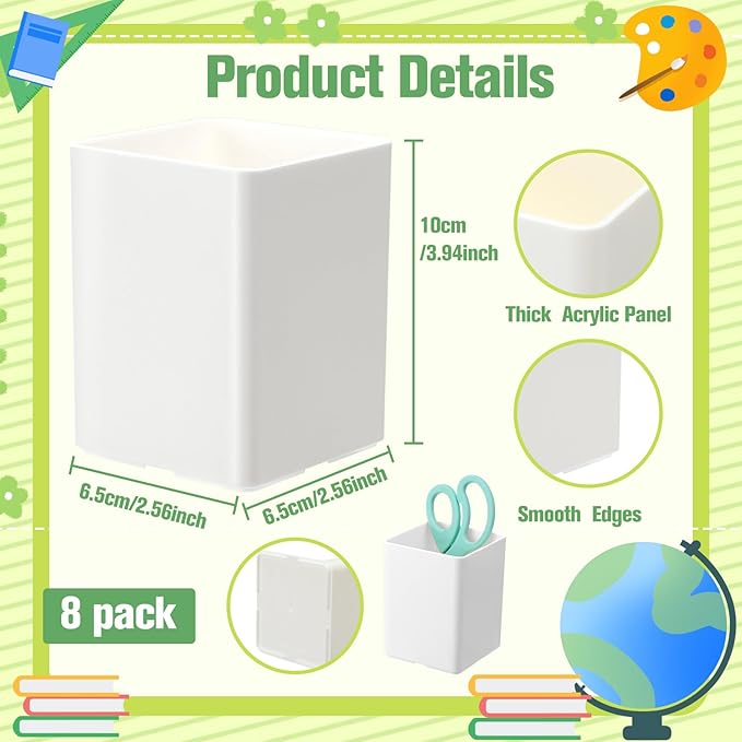 Jutom 8 Pcs White Acrylic Pen Holder for Desk, Pencil Cup Bulk Makeup Brush Storage Organizer, Desktop Pencil Cup Stationery Desktop Stationery Organizer for Office School Home Supplies