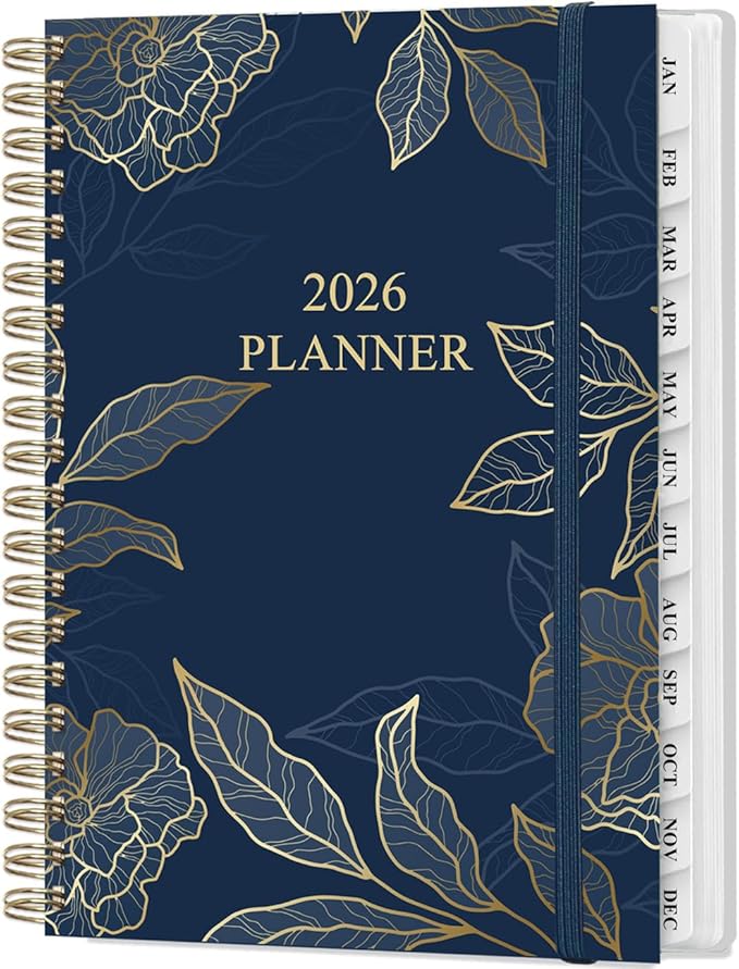 2026 Planner - Weekly and Monthly Planner Calendar from January 2026 to December 2026, Planning Agenda with Tabs & Inner Pocket, Spiral Bound for School/Office Supplies, 5.8'' × 8.3'', Blue Gold Leaf