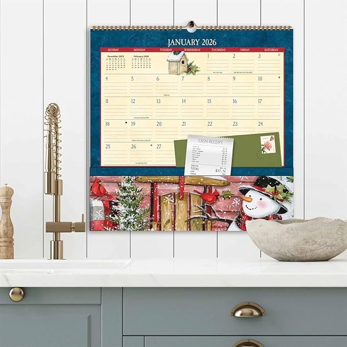 WSBL Heart & Home 2026 Note Nook Wall Calendar – 12-Month Organizer Calendar with Dual Storage Pockets, Tranquil Home & Garden Artwork by Susan Winget, 12″ × 12.125″