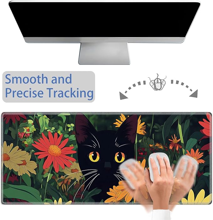 Mouse Pad Gaming Mousepad 31.5x11.8 Inch XXL Large + Coasters,Desk Mat with Stitched Edges, Non-Slip Rubber Base, Thick Mouse Pad for Computer, Laptop, Office & Home - Flowers Black Cat