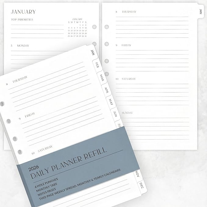 Beautiful 2026 Daily Planner Inserts for 7 Ring Binders – Durable A5 Paper Refill Set 5.5" x 8.3" - Refills Incl. Tabs & Monthly Calendar Spreads - From January 2026 - December 2026