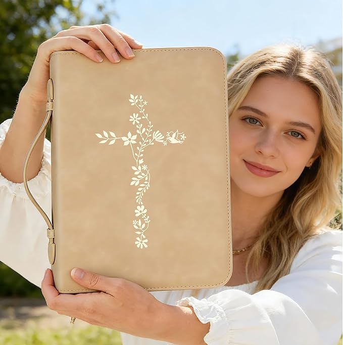 LISWIT Mother's Day Gift Bible Cover for Women, Large Bible Case - Durable PU Leather Carrying Bag Sleeve, Christian Gifts for Women, Girls, Teens (Beige/Gold)