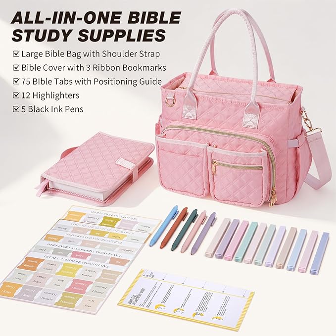 KOPKOFT Large Bible Cover Case for Women, Quilted Church Tote Bag with Shoulder Strap, Bible Study Supplies Journaling Kit Bible Accessories, Christmas Christian Gift for Women (Pink)