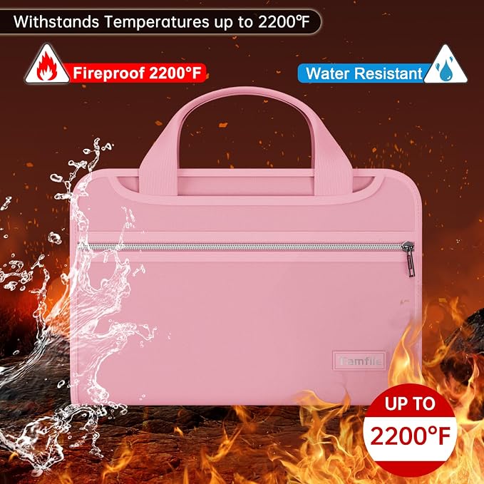 Tamfile Fireproof Accordion File Organizer with Handle, 13 Pocket Expanding File Folder with Zipper & Labels, File Folder with Multi-Pockets Paper Organizer Folder for Letter A4 Files, Pink
