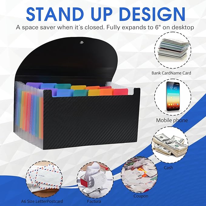 Cesil 2PCS Accordion File Organizer, 13 Pocket Expanding File Folder, 10.2"x5.1" Small Receipt Organizer for Business, Coupon Document Holder, Portable Folder Organizer for Home Office School, Black