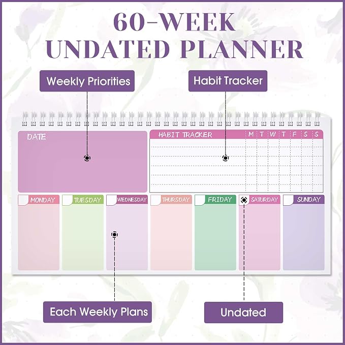 Funrous Floral Undated Weekly Planner 2026 Weekly To Do List Notepad with Goal Shopping Horizontal Desk Calendar Spiral Bound Calendar for Planner Reminder Office School 12 x 6 inch(Elegant,Purple)
