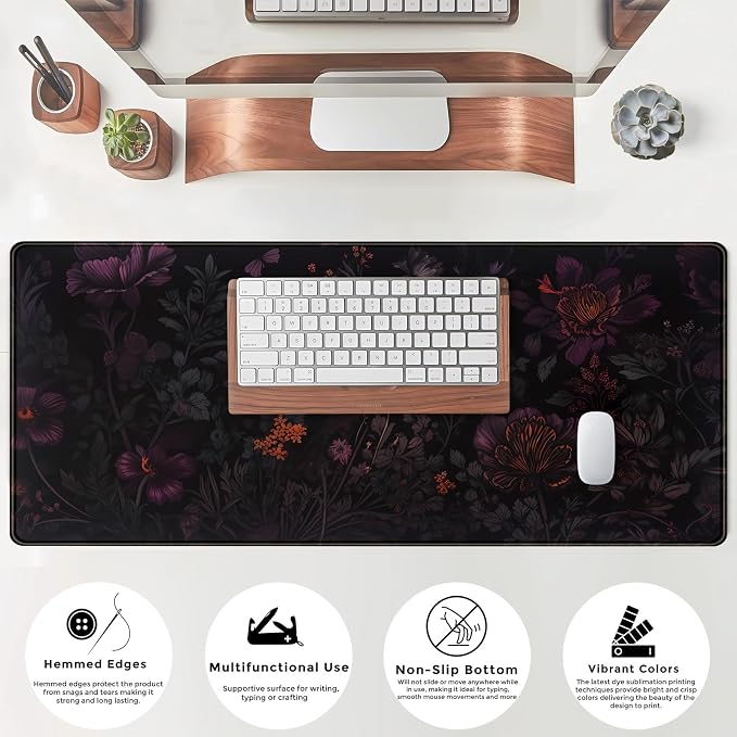 Dark Cottagecore Desk Mat Black Purple Flower XL Mouse Pad Large Gaming Mousepad Extended Vintage Aesthetic Desk Pad Keyboard Mouse Mat 31.5 x 11.8 in for Work Game Office Decor