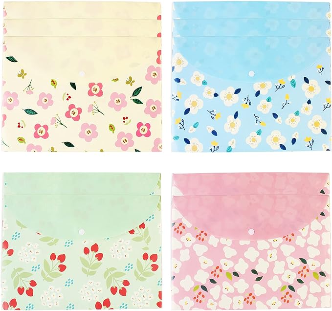 10 pcs Style Floral Printed A4 Paper Document File Folder Poly Envelopes Document Organizer Booklet File Paper Folders with Snap Button 4 Color (4 Color, A4)