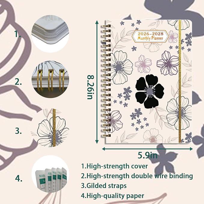 2026-2028 Planner, Three-Year Planner, Daily Plan and Monthly Plan Book, Bound with Iron Circle, A5 (8.26 "x 5.9") (White)