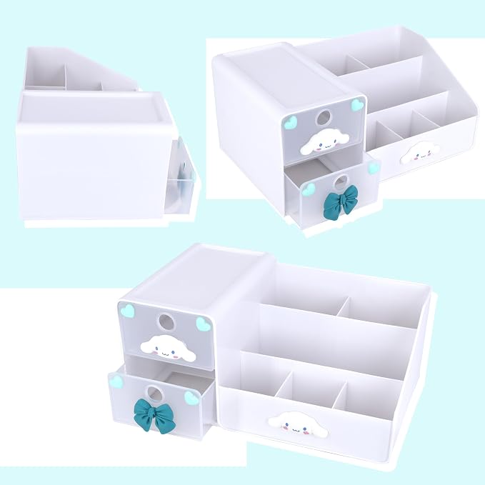 Roffatide Small Makeup Brush Organizer Holder with 2 Drawer 6 Slots, Cosmetic Brushes Storage, Cute Cartoon Puppy Pen Holder for Office Supplies Container