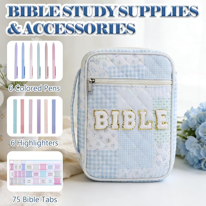 Bible Cover Case for Women, Large Chenille Letter Bible Bag with Handle, Carrying Bag with Tabs 6 Colored Pens 6 Highlighters, Back to School Study Supplies Christian Church Gifts, Blue Patch