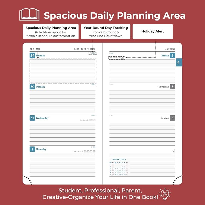 Planner 2026 Daily Weekly and Monthly,6.5"x3.75",12 Months Spiral Bound Calendar Agenda with Self-adhesive Pen Holder,2026 Appointment Book with Vegan Leather Soft Cover,Red
