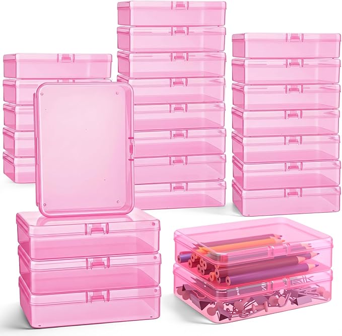Dunzoom 25 Pcs Plastic Crayon Boxes with Lids, 4.53 x 3.35 x 1.1 Inches Stackable Small Storage Organizer Containers Crayon Pencil Case for Art Crafts Jewelry Beads Office Supplies(Pink)
