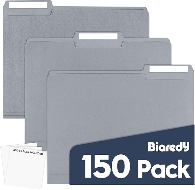 File Folders,150 Pack 1/3 Cut Tab Bulk Colored File Folders,Letter Size 8.5" x 11",Durable Paper Folders with Blank Labels for Office Business School Home Use,Cold Gray