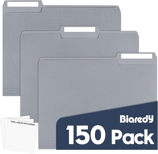 File Folders,150 Pack 1/3 Cut Tab Bulk Colored File Folders,Letter Size 8.5" x 11",Durable Paper Folders with Blank Labels for Office Business School Home Use,Cold Gray