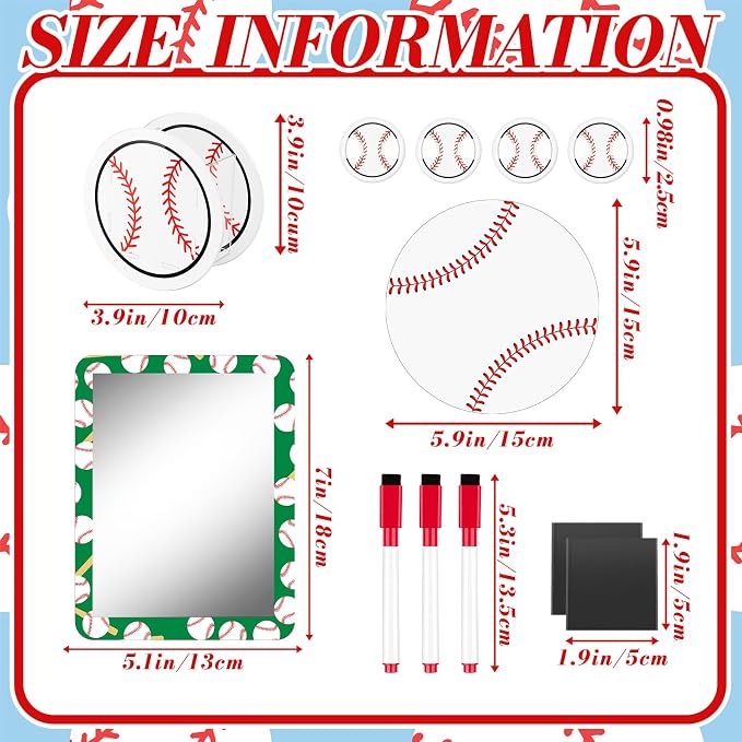 Demonwer 12 Pcs Locker Accessories Kit Baseball Themed Magnetic Whiteboard Mirror Pen Holder for Back to School Essentials Locker Decorations