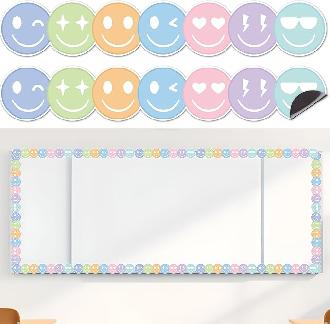 30 Pcs Preppy Happy Face Magnetic Bulletin Board Borders 35 Ft Pastel Happy Face Magnetic Border Strip Colorful Smile Faces Bulletin Board Decorations for Classroom Office & Activity Room Accessories