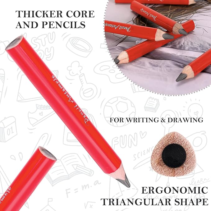 Suitable for 2-6 years old short triangle grip thick pencil 8 3.5-inch preschool children handwritten drawing mini wooden pencils (red, 5mm thick core) (Red)