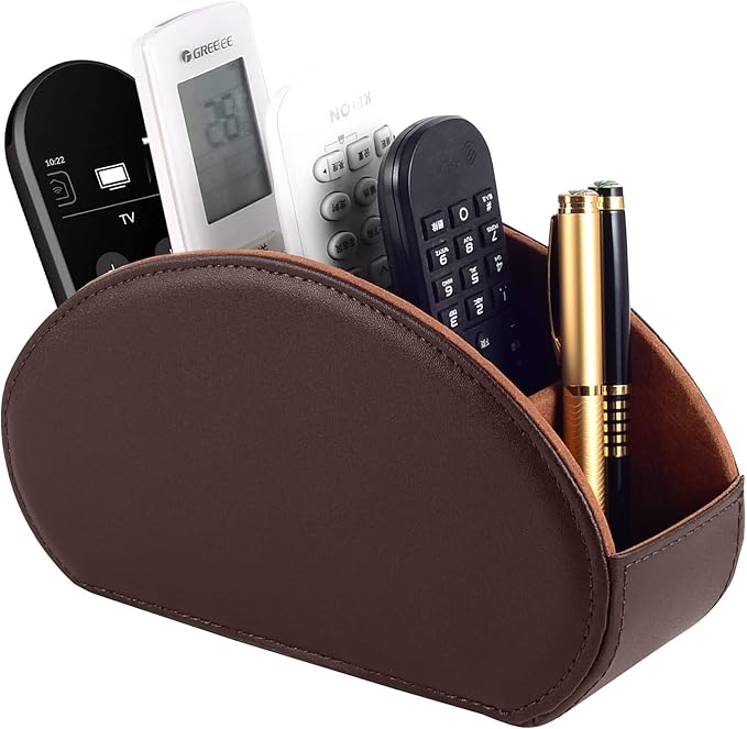 Tv Remote Holder Tray with 5 Compartment,PU Leather Remote Control Holder/Caddy,Placed Media Remote Storage Box/Glasses/Makeup Brush/Office Products/Desktop Organizers Nightstand Decoration (Brown)