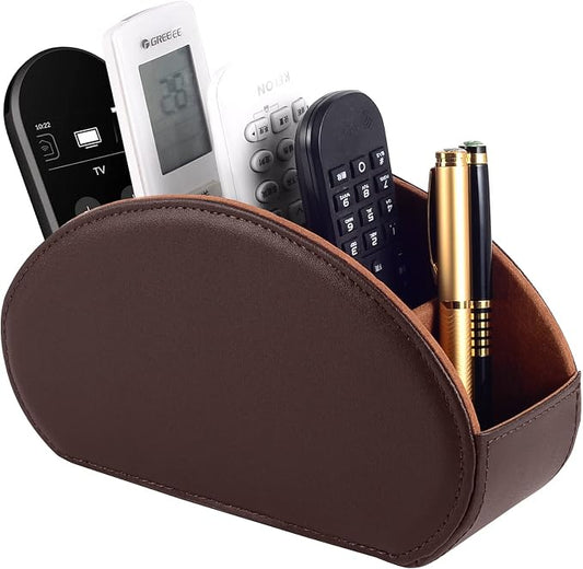 Tv Remote Holder Tray with 5 Compartment,PU Leather Remote Control Holder/Caddy,Placed Media Remote Storage Box/Glasses/Makeup Brush/Office Products/Desktop Organizers Nightstand Decoration (Brown)