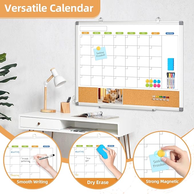 Dry Erase Calendar Whiteboard for Wall, WALGLASS 36" x 24" Double-sided Monthly Calendar White Board Cork Combo, Hanging Wall Mounted Bulletin Corkboards Silver Aluminum Frame for Home, Office, School