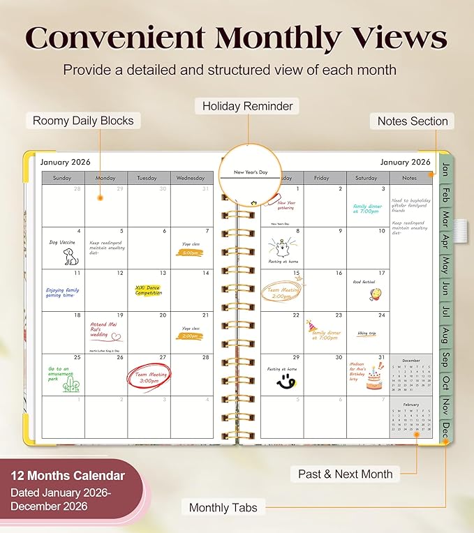 2026 Planner, Hardcover Weekly and Monthly Planner for Women, January 2026 - December 2026, Spiral Yearly Agenda Organizer Book 2026 with Tabs, Daily Calendar Planners for School Work Home, A5 (5.75" x 8.38"), Petite Blooms