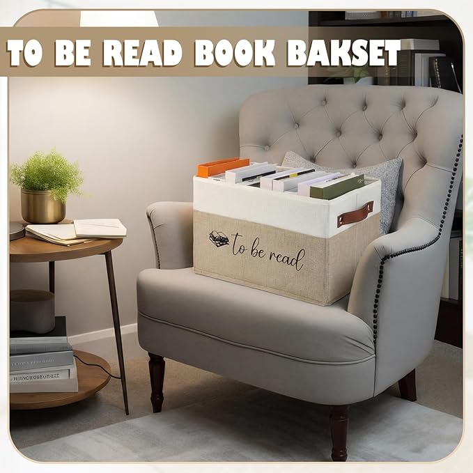 Marsui Book Lover Gifts TBR Book Storage Basket with Lids to Be Read List Storage Bin Bookish Accessories Bookworm Gift for Club Members Student Teacher Reading Accessories (Camel)