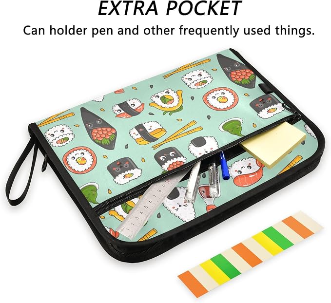 Kawaii Sushi File Folders,Plastic Folders with 13 Pockets,Expandable File Folder for Documents School Students Office,Aesthetic Folder with Labels A4 Letter Size
