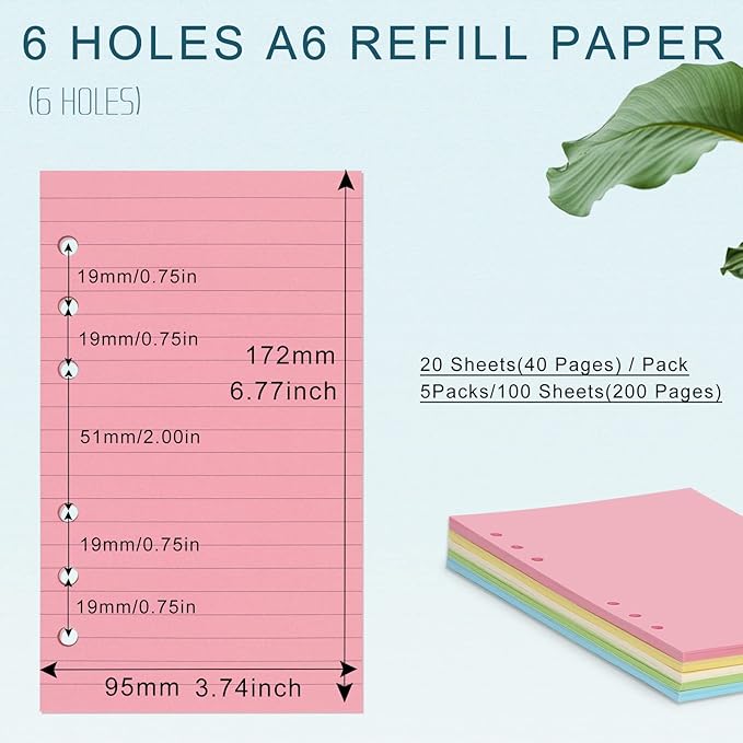 A6 Colorful Refill Paper, [5 Colors] Toplive 100GSM Thick Refillable Paper 6 Hole Filler Inserts Loose Leaf Paper 100 Sheets (200 Pages) for 6 Ring Binder Journal Notebook