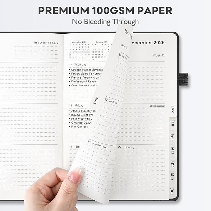 OMEYA Leather Academic Planner 2026-2027: A5 Black Business Weekly & Monthly Planner for Work, July 2026 – June 2027, 100gsm Thick Paper, Durable Stitched Binding, Tabs, Pen Loop, Pocket