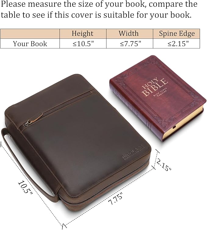 Polare Cowhide Leather Bible Cover Church Bag Bible Protective Book Holder Carrying Case Folder Organizer Portfolio (Dark Brown-Medium)