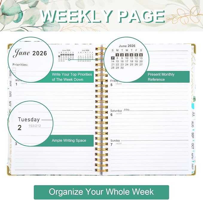 2026 Planner, Daily Weekly Monthly Planner with Tabs, 2026 monthly planner with Color Pen, Sticky Notes and Stickers, 6.2" x 8.5", Durable Twin Wire Binding, Storage Pocket -Eucalyptus Leaves Green