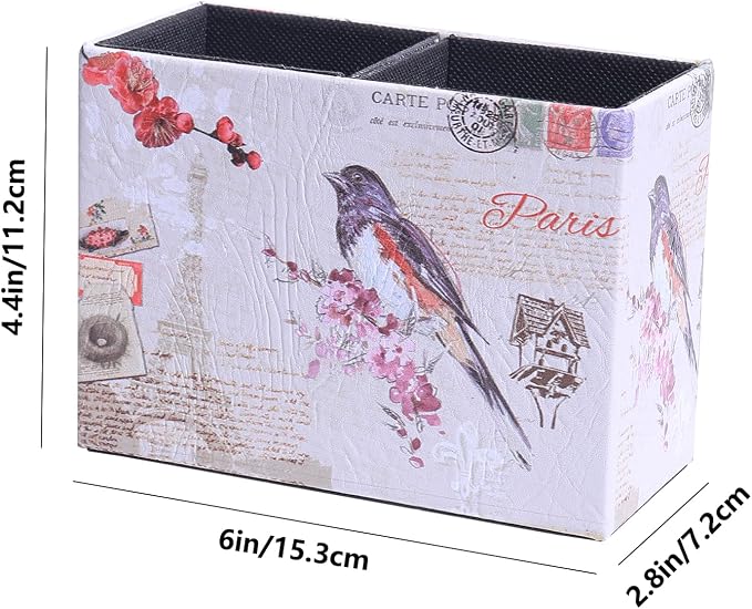 Decorative Remote Control Holder, Leather TV Remoter Caddy Storage Box Desktop Organizer Makeup Brush Pen Holder Storage Fits TV Remotes, Media Controllers, Office Supplies (Paris Bird Design)