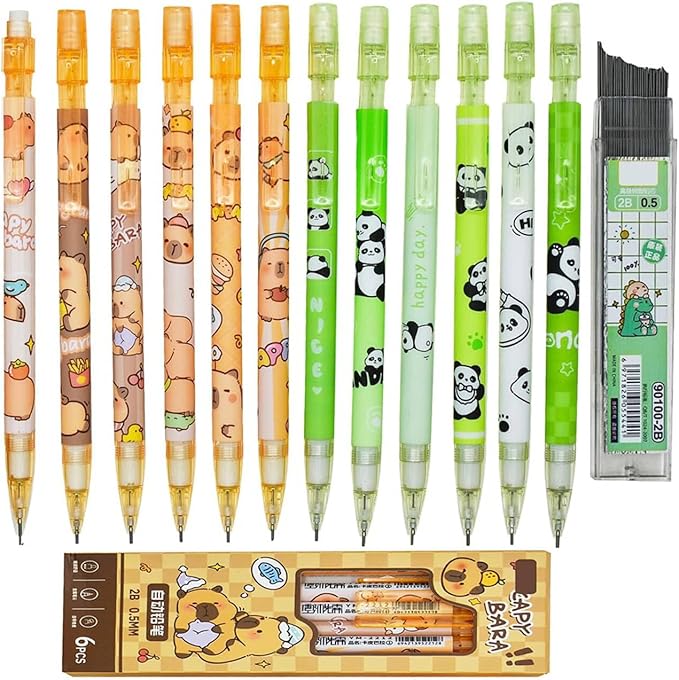 Maydahui 12 Pcs 2B 0.5 mm Cute Cartoon Capybara and Panda Mechanical Pencils With Eraser and 100 Pcs Lead Refills For Drawing Homework Stationery Supplies