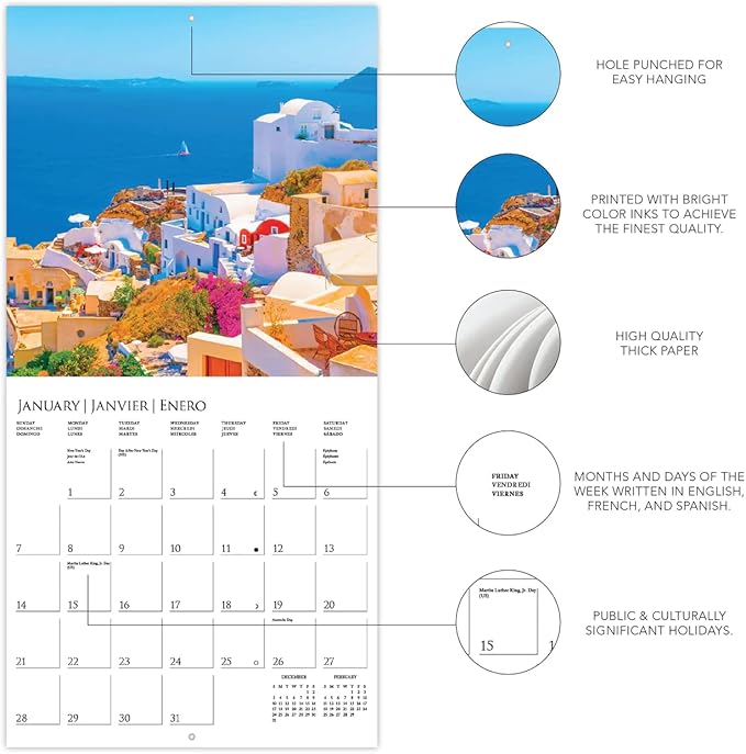 Graphique 2024 Greek Isles Wall Calendar | 12” x 12” | Thick Paper | Home & Office Organizer | Large Monthly Grid | 3 Languages & Marked Holidays | 4 Month Preview Page for 2025