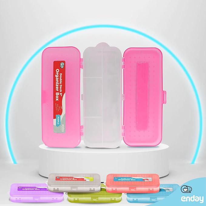 Enday Pencil Box Pink, Plastic Double Deck Pencil Case with 7 Compartments, Box Organizer with Snap Closure for Home and Office