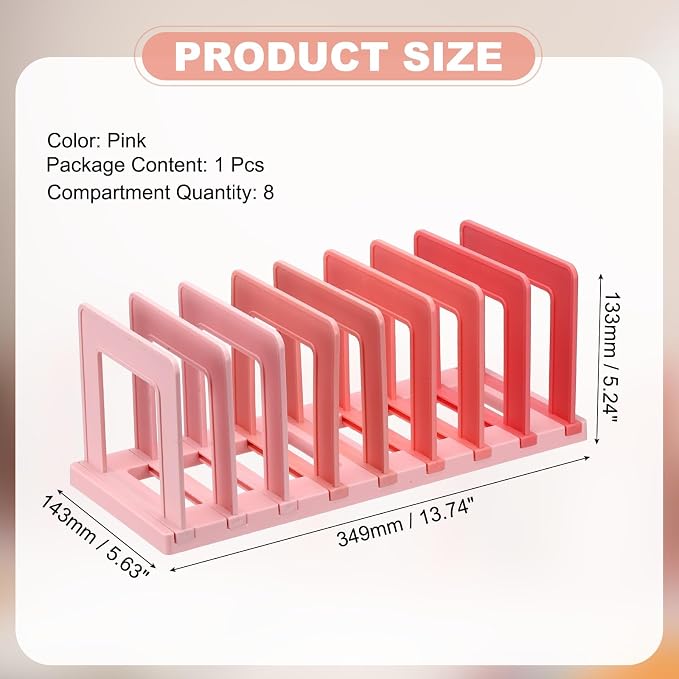PATIKIL Desk File Sorter, 8 Section Plastic Desktop File Folder Vertical Dividers Mail Letter Organizer Magazine Holder Rack Stand for Home Office Classroom Library Bookshelf, Pink