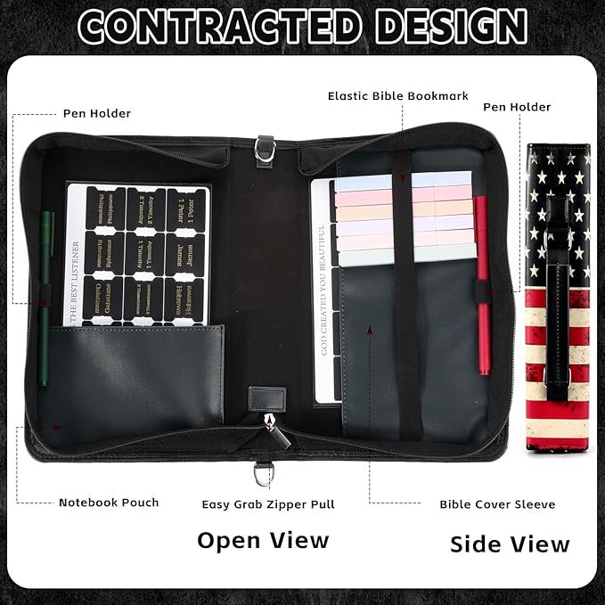 19PCS American Flag Leather Bible Cover for Men Bible Cover Cases for Mens Boys Christmas Gift Christian Carrying Bag Journaling Kit with Shoulder Strap Highlighter Pens & Book Marker Study Supplies