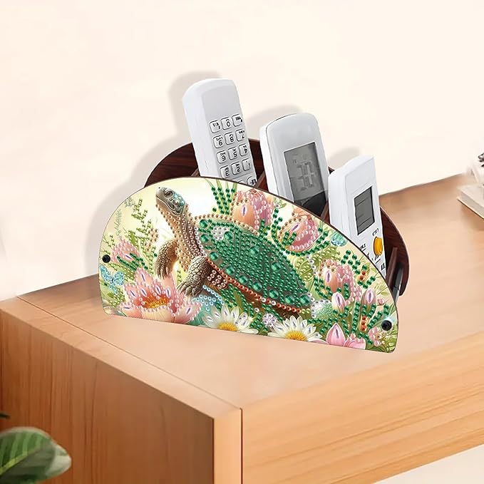 Remote Control Holder with 4 Compartments, DIY Diamond Art Painting Wooden Half Moon TV Control Holder for Remote Controllers, Office Supplies, Makeup Brush, Media Accessories-Turtle