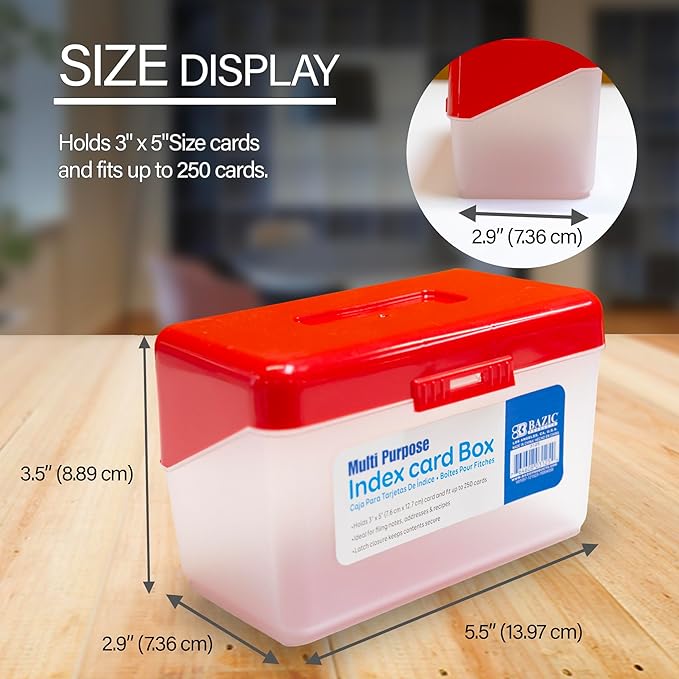BAZIC Products Index Card File Box, 3 x 5 in, Holds 250 Cards, Latch Lid, for Study Office Recipes, Set of 6