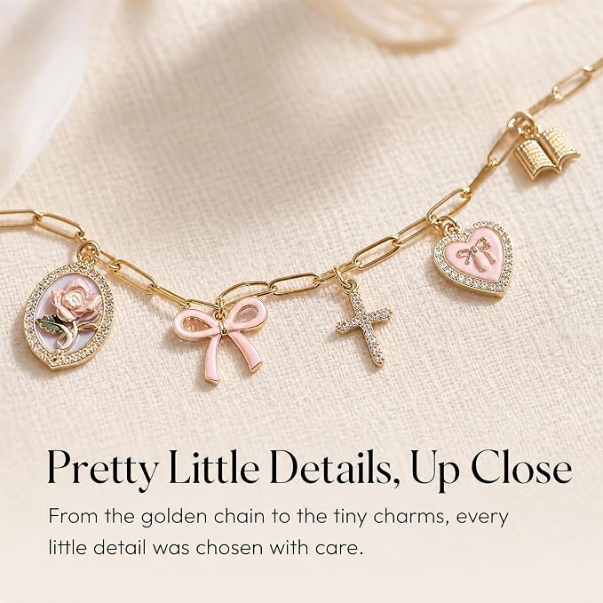 Cross Heart Bow Bible Charm Chain - Christian Biblebook Accessory Faith Gift, Scripture Bookmark Decor for Bible Spine Edge, Religious Charms for Book Lovers
