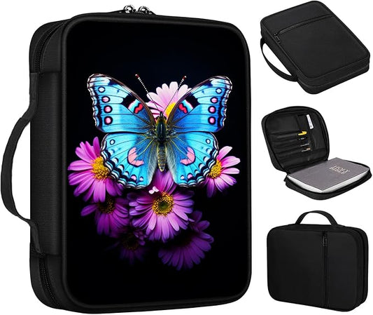 Pink Flower Butterfly Bible Case with Handle and Zippered Pocket - Standard Size Bible Bag for Women, Church, and Study