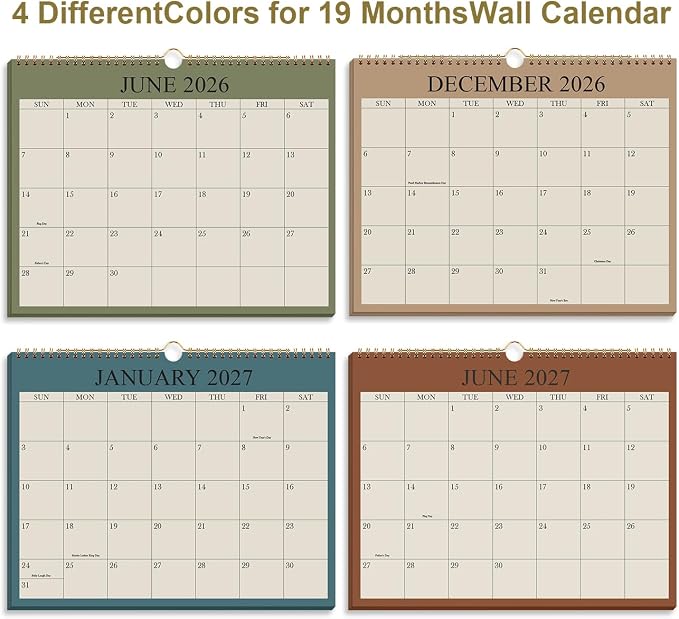 2026-2027 Calendar - Wall Calendar 2026-2027 from June 2026 Until December 2027,19 Months Calendar with Premium Paper, Twin-Wire Binding & Hanging Hook, 8.5" x 11", Green