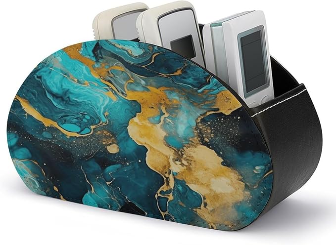 Remote Control Holder,Turquoise And Gold Printed PU Leather Remote Caddy Desktop Organizer with 5 Compartments for Media Accessories & Office Supplies Storage