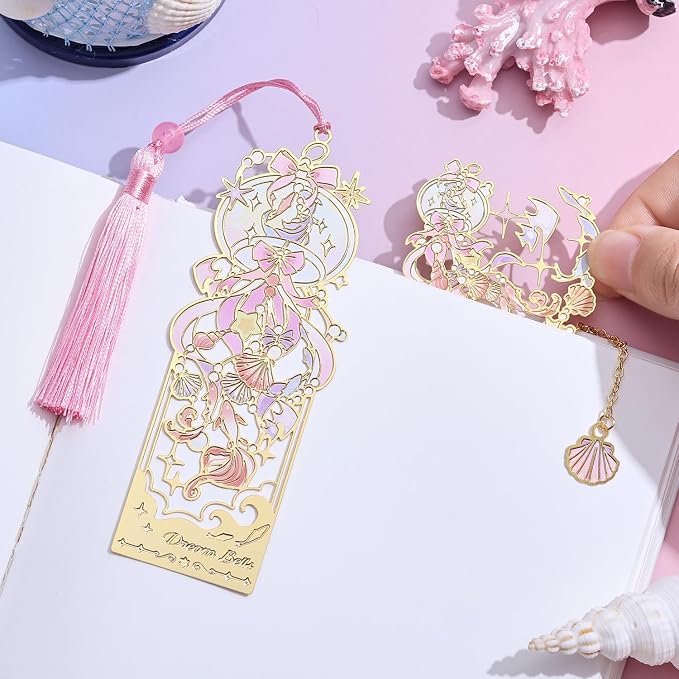 2 Pcs Metal Bookmark Gift Box, Golden Hollow Bookmarks Ocean Painting Theme Book Mark for Women, Book Lovers Writers Readers and Teens, Perfect for Birthday and Graduation Gifts(Pink)