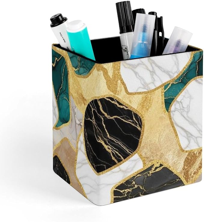 Pen Holder Stand For Desk, Pencil Pen Holder Cup, Desktop Stationery Organizer, Waterproof Multifunctional Office Supplies Abstract Watercolor Painting Gold Blue Turquoise Black White Gray Marble