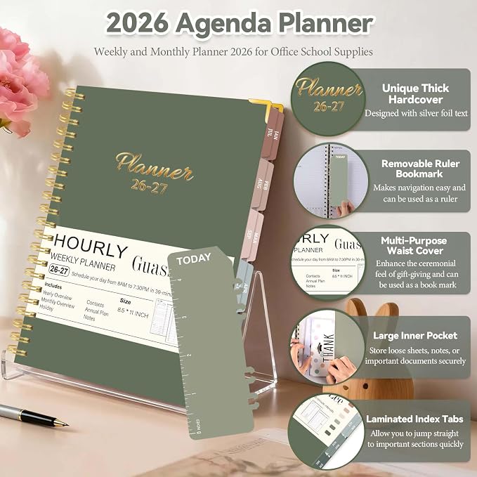 Large 2026-2027 Academic Planner, Weekly & Monthly Appointment Book from Jul. 2026 - Jun. 2027, Work & Life Daily Hourly Planner with Time Slots, A4 Agenda Organizer for School,Olive Green, 8.5" x 11"